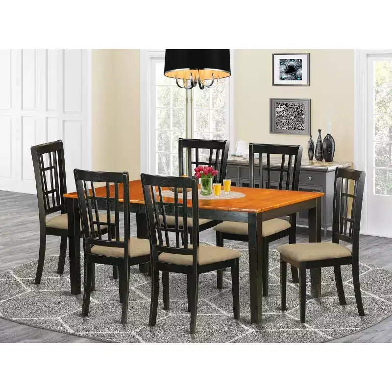 Ensemble de salle à manger 7 pièces - Table rectangulaire avec rallonge papillon et 6 chaises de cuisine - Finition noir et cerisier