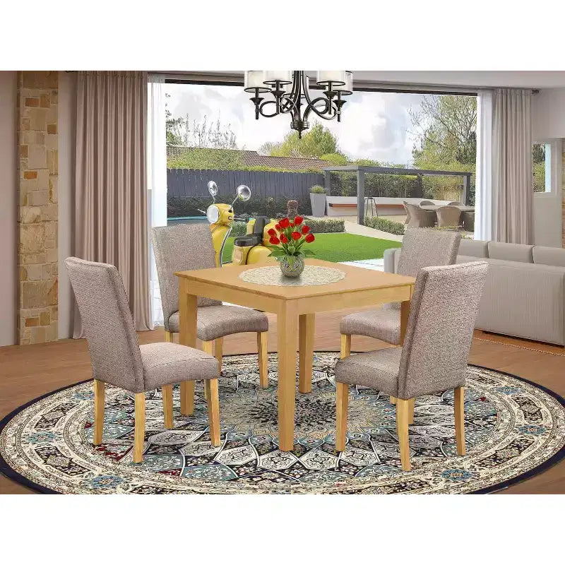 Ensemble salle à manger cottage – Table carrée 5 pièces et 4 chaises – Tissu lin – Fini chêne