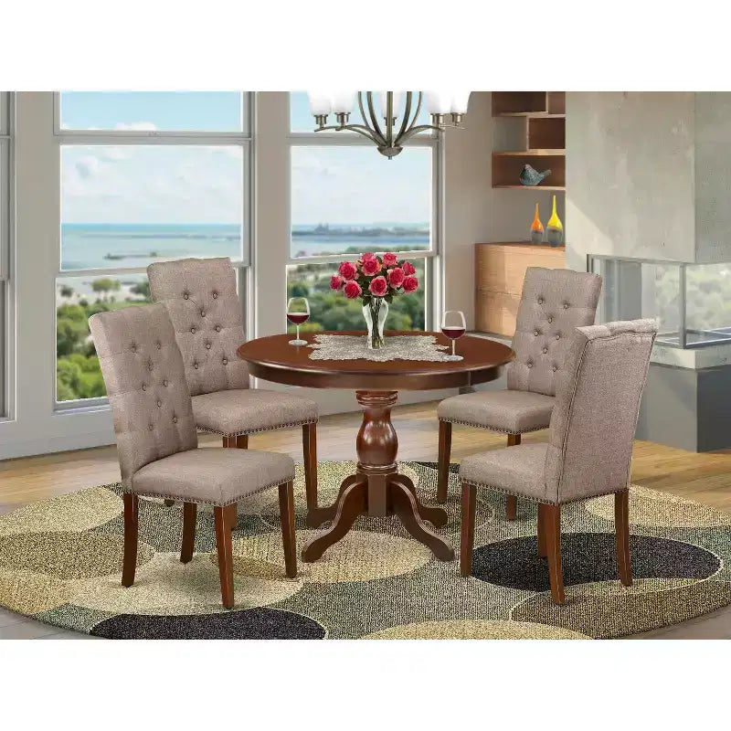 Table à manger 5 pièces avec plateau en bois massif finition acajou et 4 chaises avec