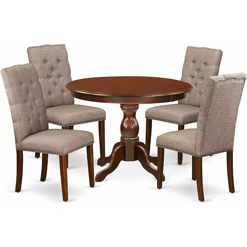 Table à manger 5 pièces avec plateau en bois massif finition acajou et 4 chaises avec