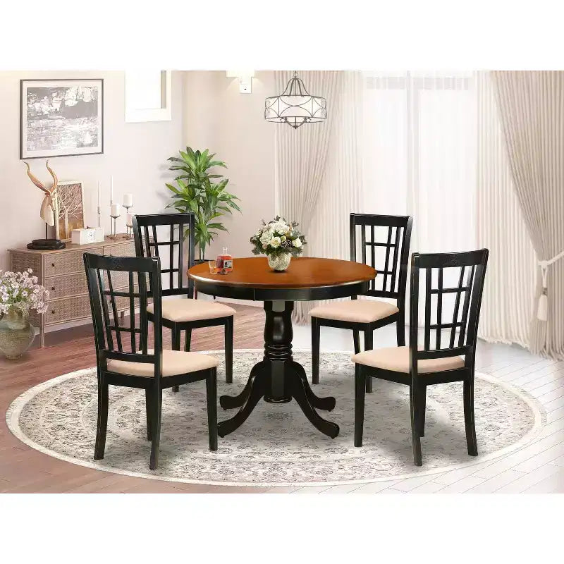 Table à manger ronde 5 pièces, plateau en bois massif finition noire avec 4 chaises