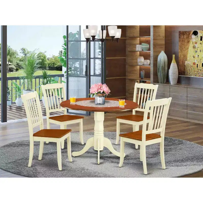 Ensemble de salle à manger rond 5 pièces avec table et chaises de style ancien - Table ronde de 42 pouces, design à lattes verticales
