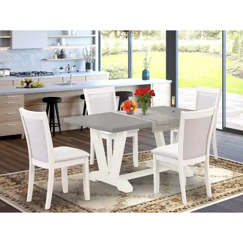 HomeStock Table à manger 5 pièces avec plateau en bois massif finition blanc lin brossé et 4 chaises rembourrées