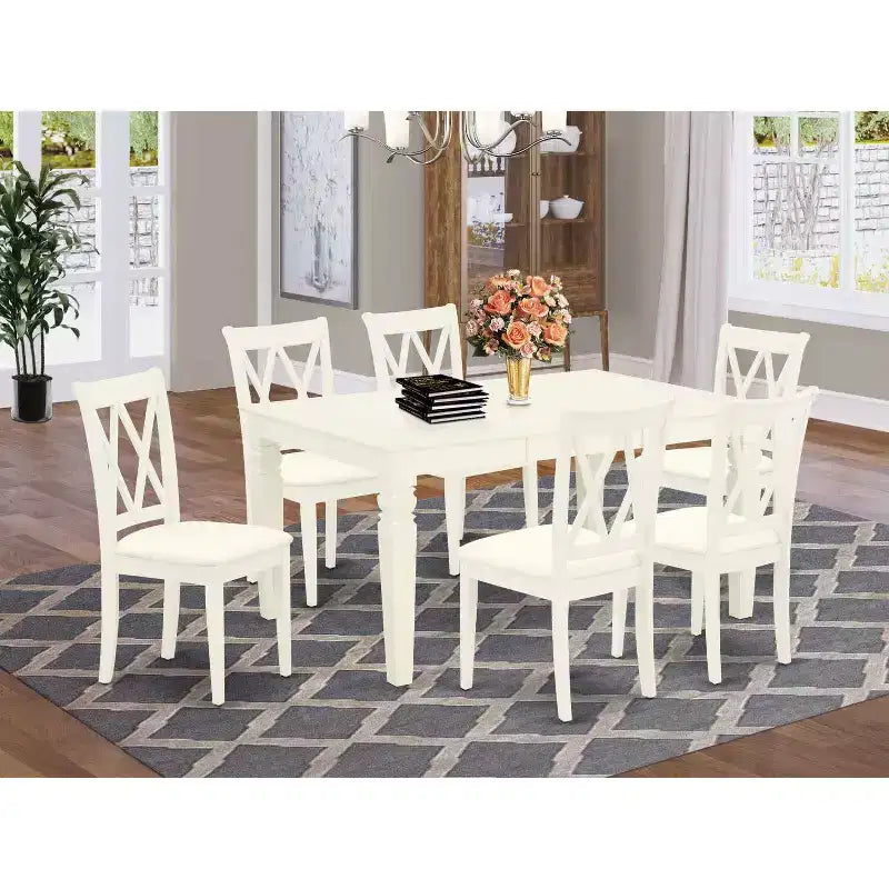 HomeStock Table de salle à manger rectangulaire 7 pièces en bois massif finition cerisier et crème avec 6 chaises à dossier croisé et rallonge papillon