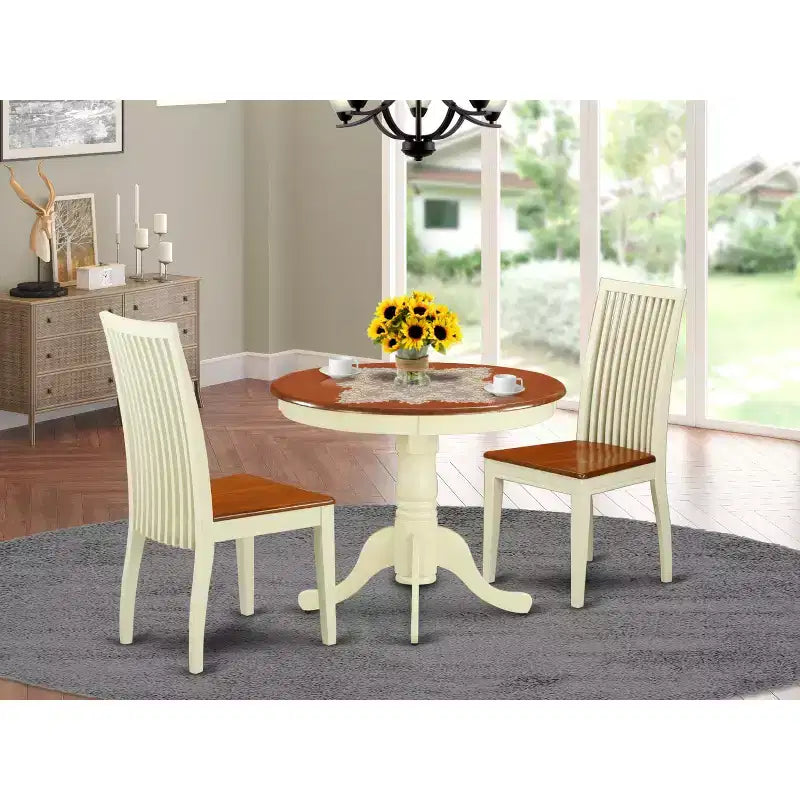 Ensemble table de cuisine 3 pièces - Table à manger ronde et 2 chaises - Finition cerisier crème - Idéal pour petits espaces