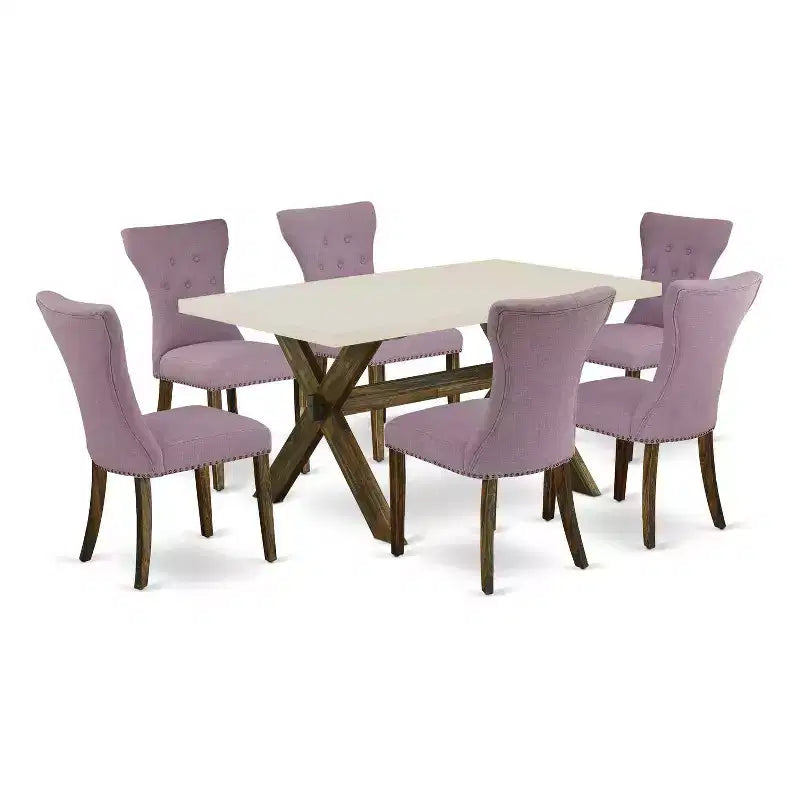 HomeStock 7-Piece Rectangle Distressed Jacobean Finish Solid Wood Top Dining Table with 6-Chairs