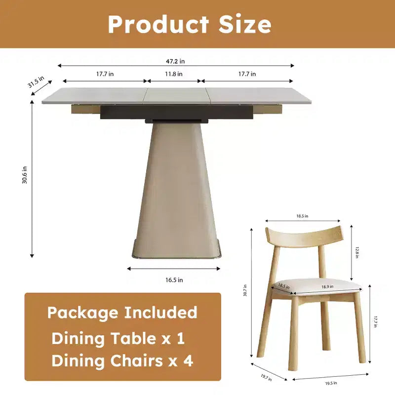 Ensemble de salle à manger extensible GDFStudio Lin 5 pièces en cuir, avec 4 chaises, plateau en pierre frittée et base en acier