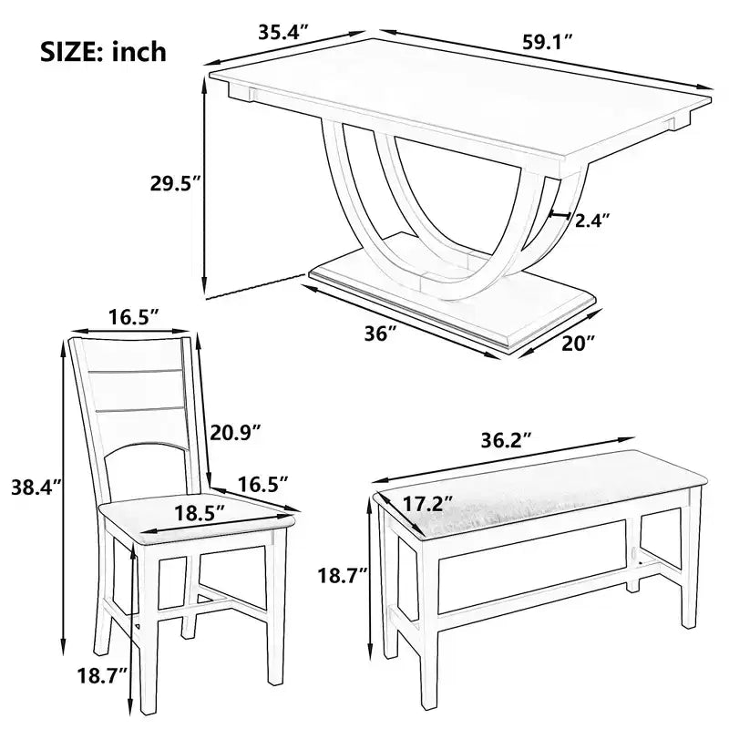 Ensemble de salle à manger 6 pièces GDFStudio Timo en bois d'hévéa avec table de salle à manger demi-ronde, banc et 4 chaises