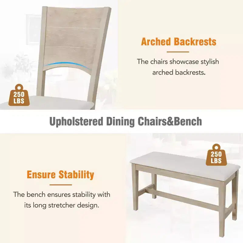 Ensemble de salle à manger 6 pièces GDFStudio Timo en bois d'hévéa avec table de salle à manger demi-ronde, banc et 4 chaises