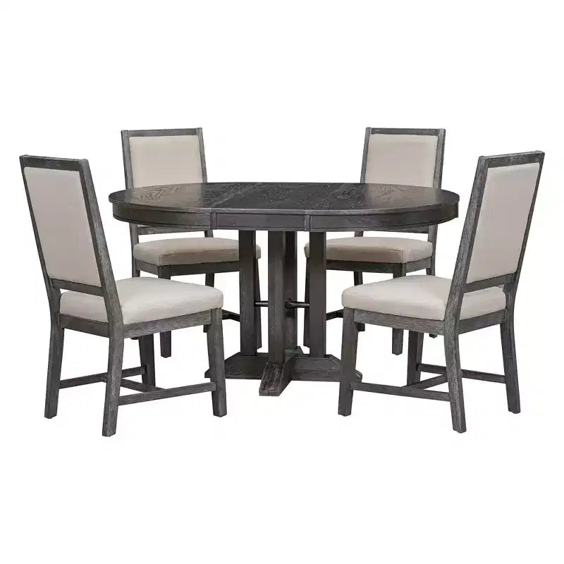 Ensemble de salle à manger 5 pièces de style ferme pour 4 personnes, comprenant une table à manger ronde extensible en bois massif et 4 chaises rembourrées pour la cuisine