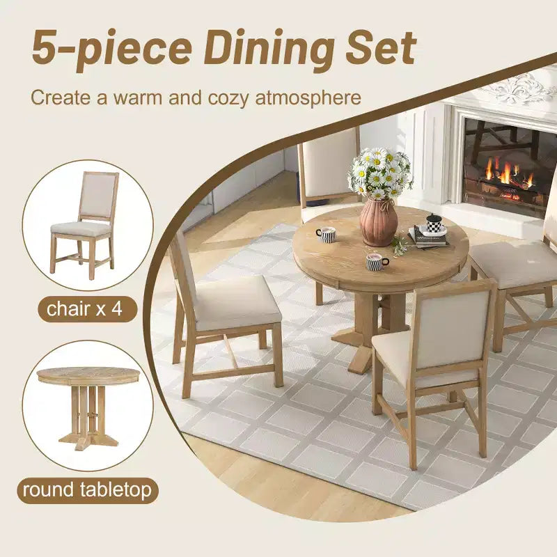 Ensemble de salle à manger 5 pièces de style ferme pour 4 personnes, comprenant une table à manger ronde extensible en bois massif et 4 chaises rembourrées pour la cuisine