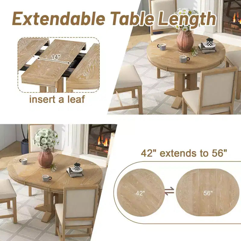 Ensemble de salle à manger 5 pièces de style ferme pour 4 personnes, comprenant une table à manger ronde extensible en bois massif et 4 chaises rembourrées pour la cuisine