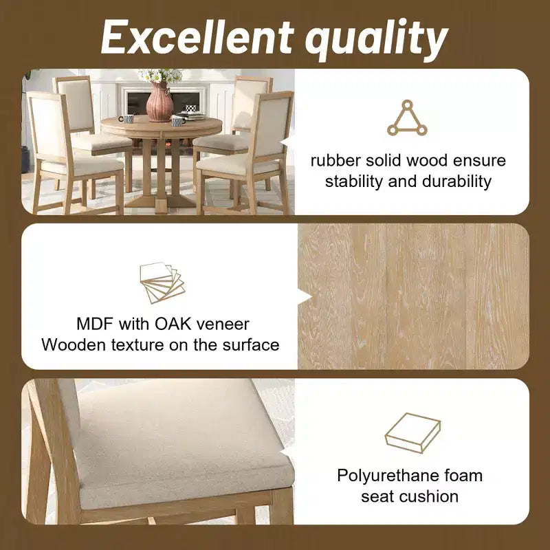 Ensemble de salle à manger 5 pièces de style ferme pour 4 personnes, comprenant une table à manger ronde extensible en bois massif et 4 chaises rembourrées pour la cuisine