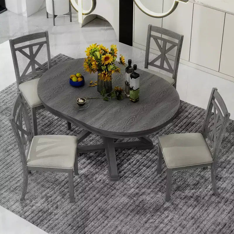 Ensemble de salle à manger rond extensible de style rustique pour 4 personnes, ensemble table et 4 chaises de salle à manger rembourrées pour salle à manger