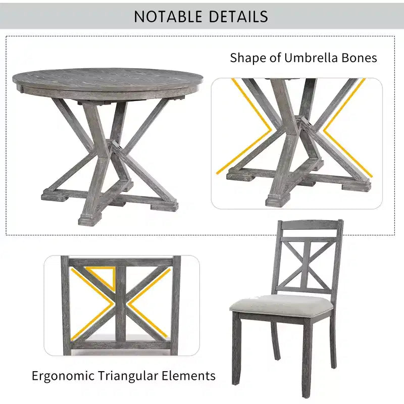 Ensemble de salle à manger rond extensible de style rustique pour 4 personnes, ensemble table et 4 chaises de salle à manger rembourrées pour salle à manger