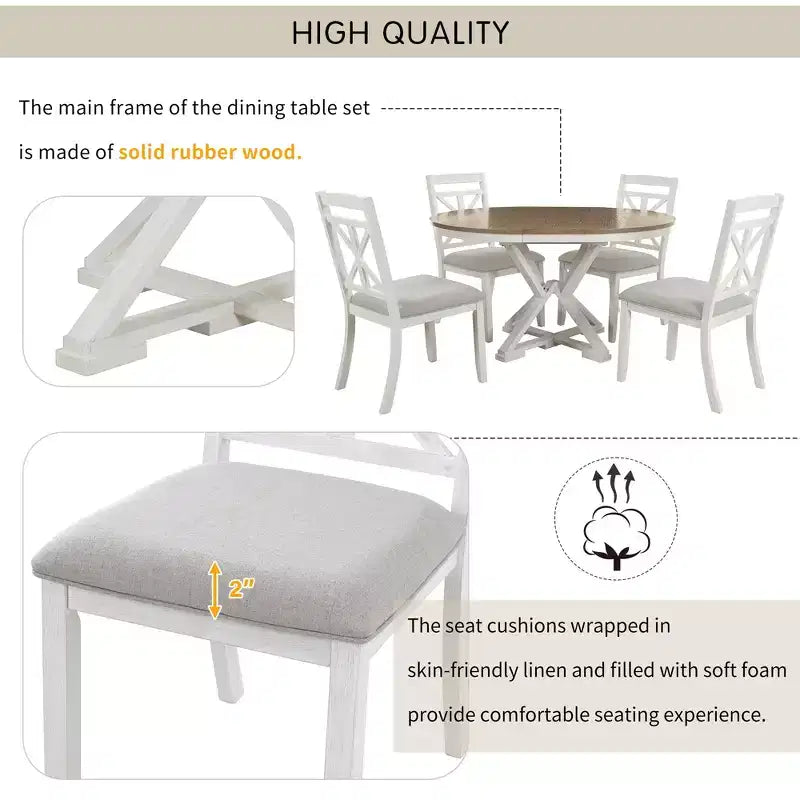 Ensemble de salle à manger rond extensible de style rustique pour 4 personnes, ensemble table et 4 chaises de salle à manger rembourrées pour salle à manger
