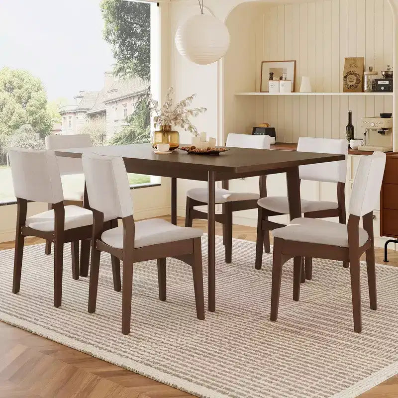 GDFStudio Dalton - Ensemble de salle à manger moderne 7 pièces - Table rectangulaire en bois massif et chaises rembourrées en lin