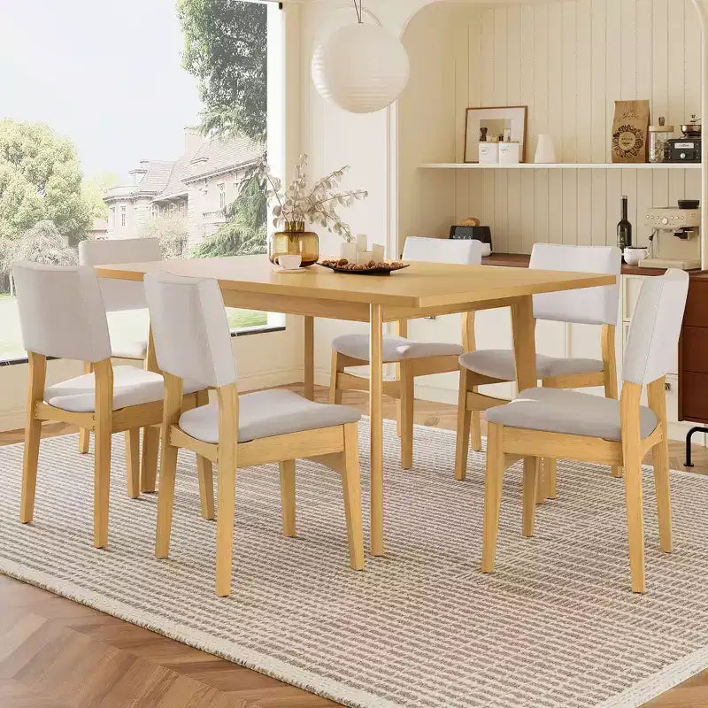 GDFStudio Dalton - Ensemble de salle à manger moderne 7 pièces - Table rectangulaire en bois massif et chaises rembourrées en lin