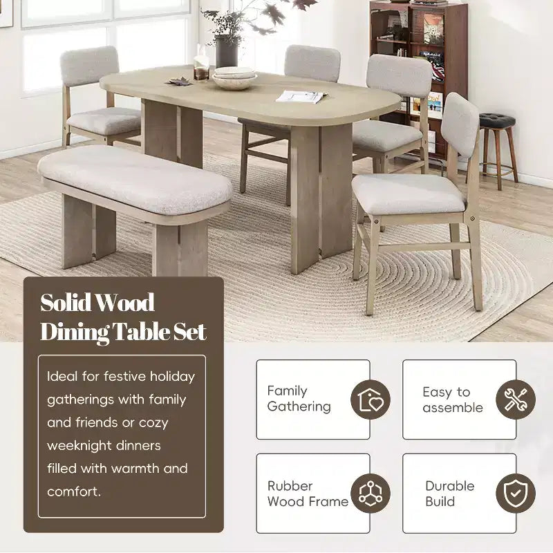 Ensemble de table à manger en bois massif avec banc pour 5 personnes, 6 pièces, ensemble de table de salle à manger rectangulaire rembourrée avec 4 chaises et un banc