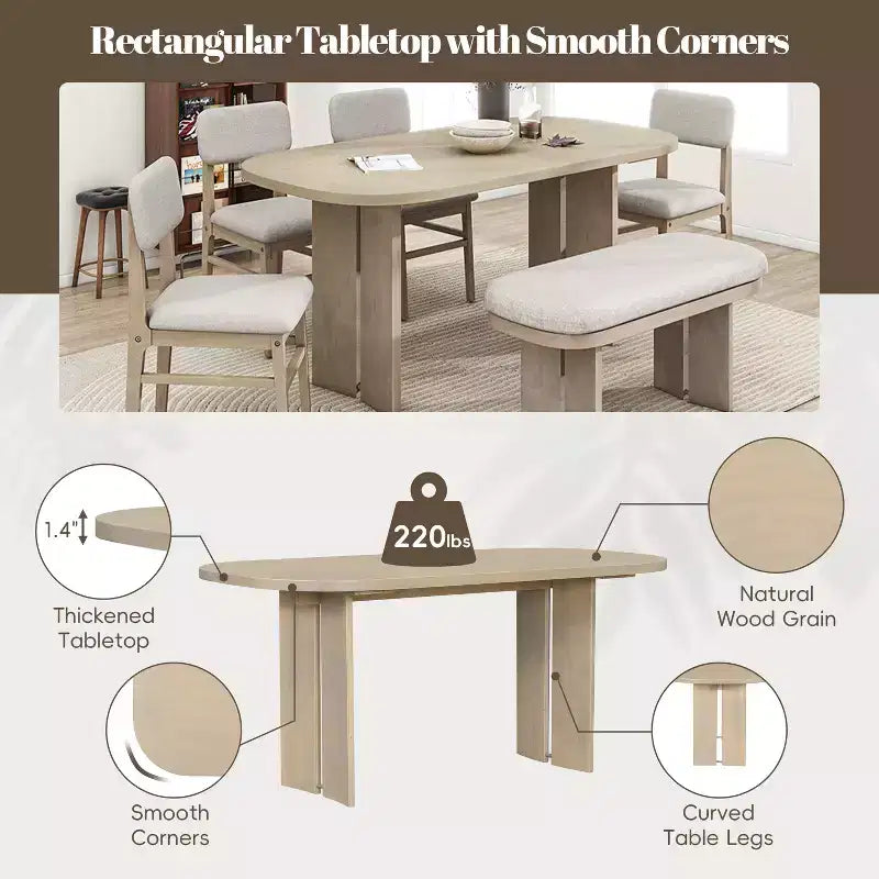 Ensemble de table à manger en bois massif avec banc pour 5 personnes, 6 pièces, ensemble de table de salle à manger rectangulaire rembourrée avec 4 chaises et un banc