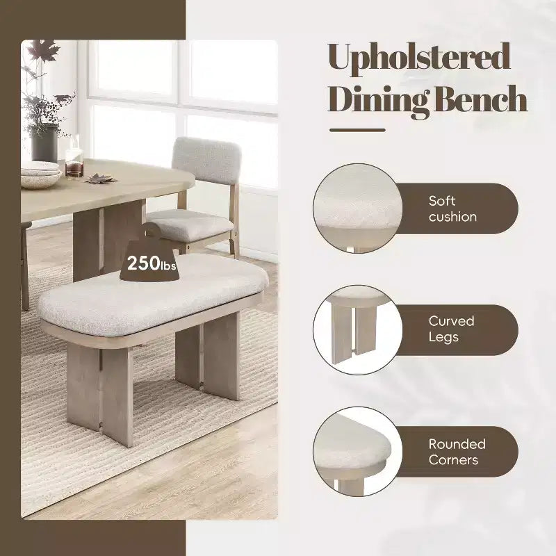 Ensemble de table à manger en bois massif avec banc pour 5 personnes, 6 pièces, ensemble de table de salle à manger rectangulaire rembourrée avec 4 chaises et un banc