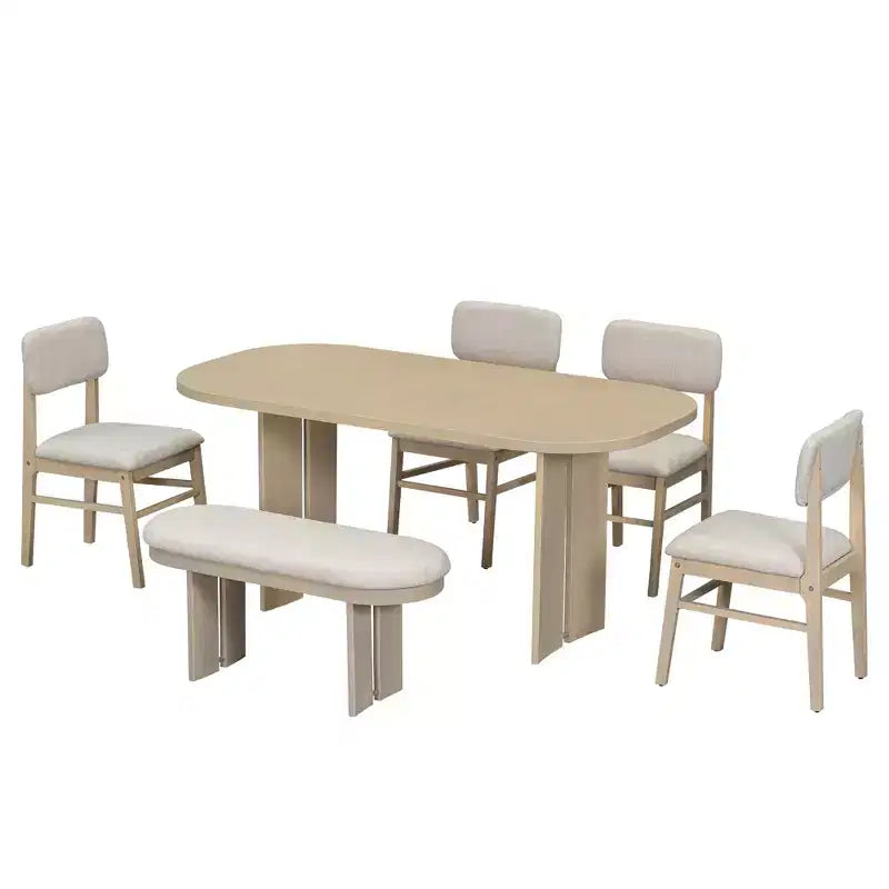 Ensemble de table à manger en bois massif avec banc pour 5 personnes, 6 pièces, ensemble de table de salle à manger rectangulaire rembourrée avec 4 chaises et un banc