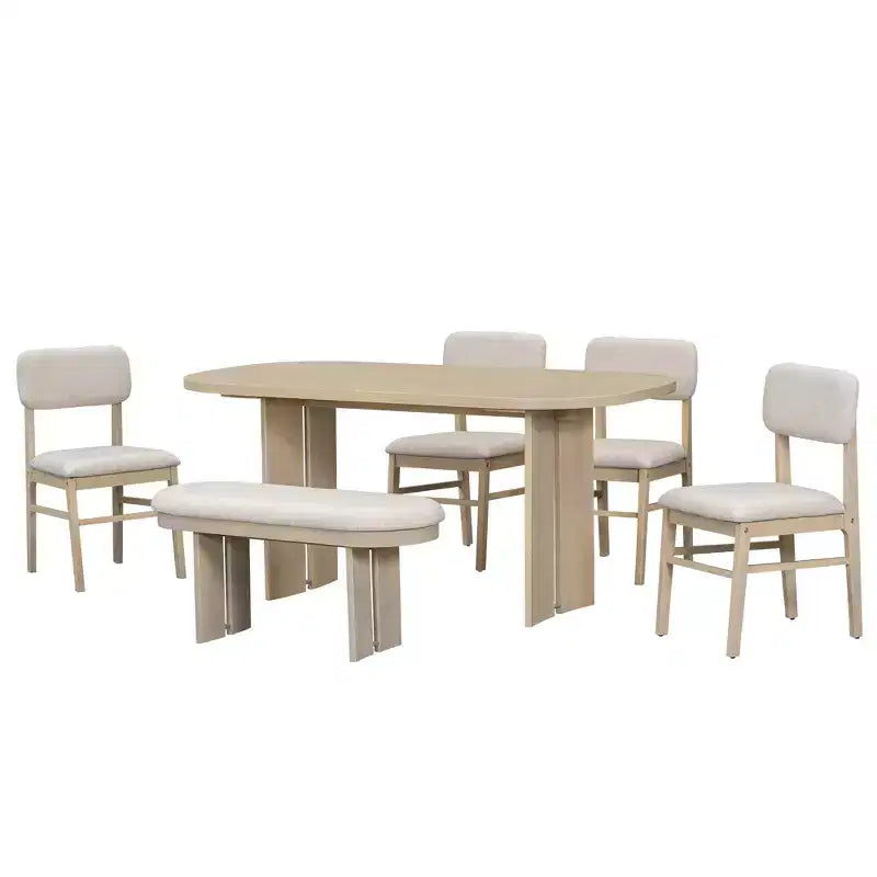 Ensemble de table à manger en bois massif avec banc pour 5 personnes, 6 pièces, ensemble de table de salle à manger rectangulaire rembourrée avec 4 chaises et un banc