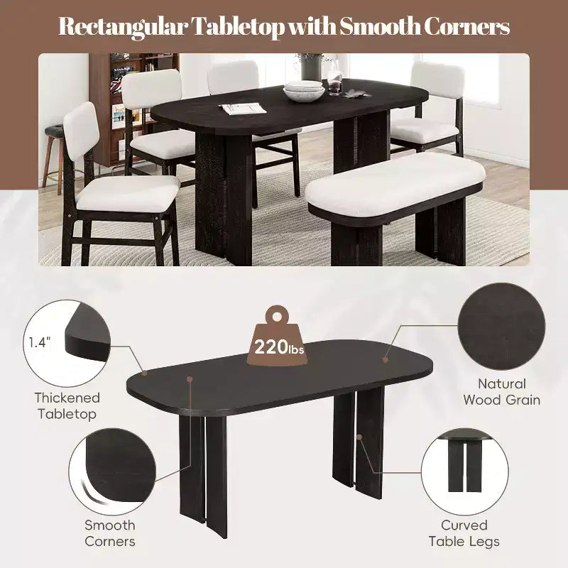 Ensemble de table à manger en bois massif avec banc pour 5 personnes, 6 pièces, ensemble de table de salle à manger rectangulaire rembourrée avec 4 chaises et un banc