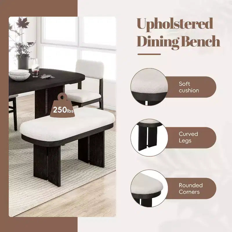 Ensemble de table à manger en bois massif avec banc pour 5 personnes, 6 pièces, ensemble de table de salle à manger rectangulaire rembourrée avec 4 chaises et un banc