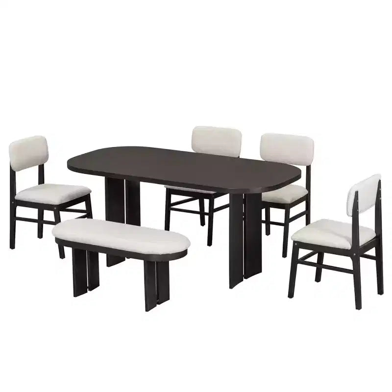 Ensemble de table à manger en bois massif avec banc pour 5 personnes, 6 pièces, ensemble de table de salle à manger rectangulaire rembourrée avec 4 chaises et un banc