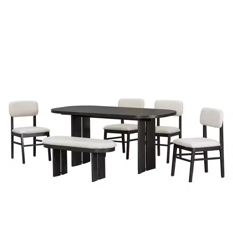 Ensemble de table à manger en bois massif avec banc pour 5 personnes, 6 pièces, ensemble de table de salle à manger rectangulaire rembourrée avec 4 chaises et un banc