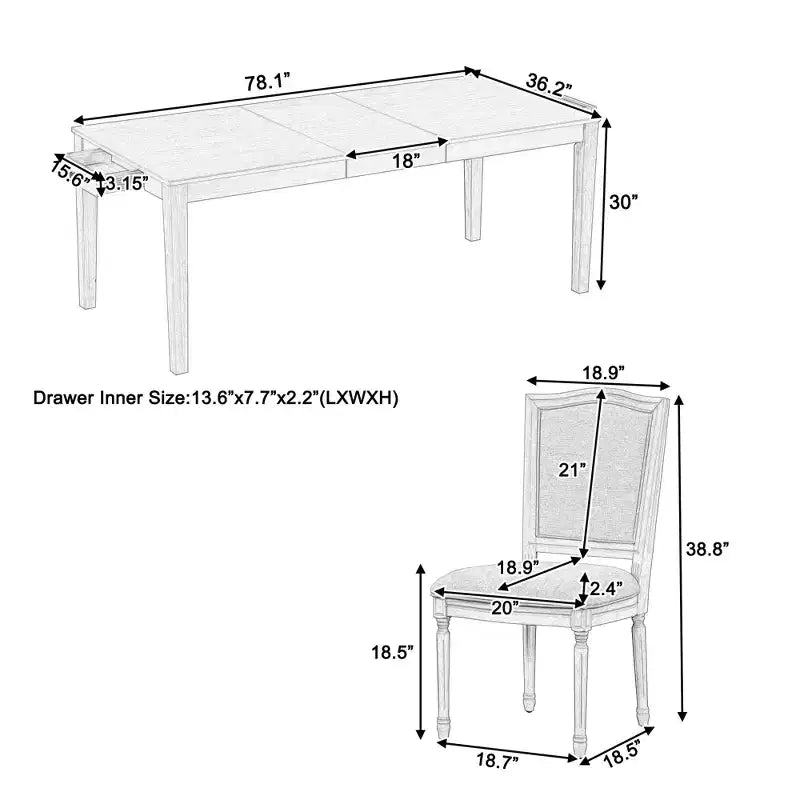 Ensemble de salle à manger rustique extensible pour 6 personnes, table à manger rectangulaire 7 pièces avec 6 chaises rembourrées, ensemble de table de cuisine avec 2 tiroirs