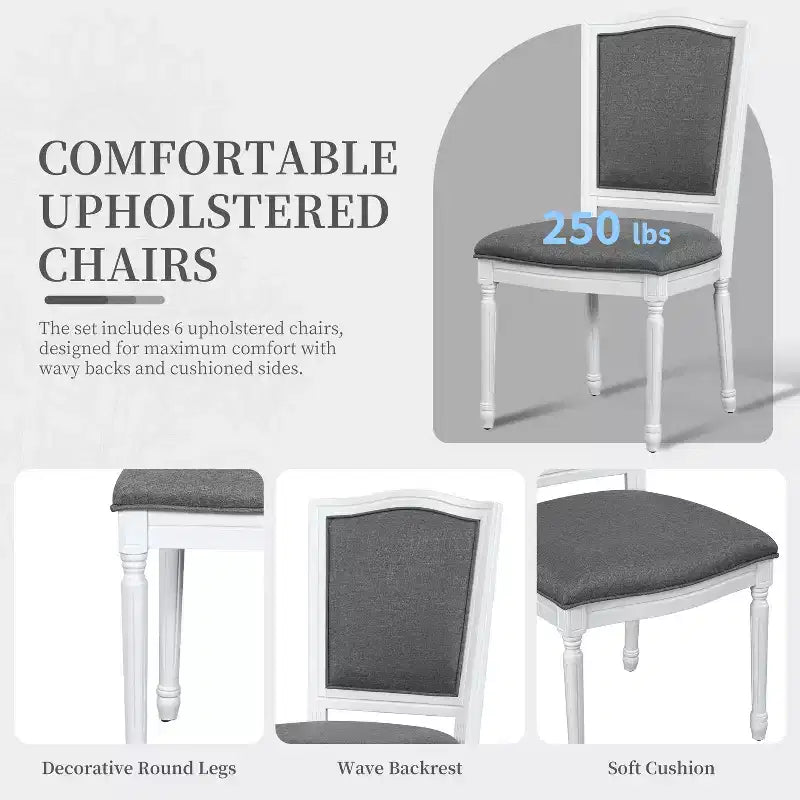 Ensemble de salle à manger rustique extensible pour 6 personnes, table à manger rectangulaire 7 pièces avec 6 chaises rembourrées, ensemble de table de cuisine avec 2 tiroirs