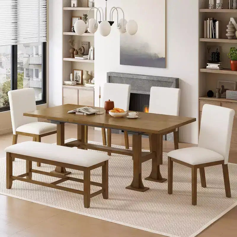 Ensemble de salle à manger 6 pièces avec banc pour 6, ensemble de table de cuisine avec tiroir de rangement et 4 chaises de salle à manger rembourrées