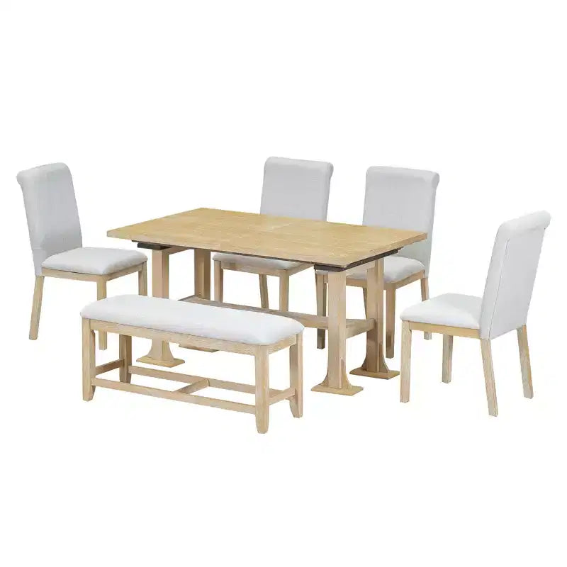 Ensemble de salle à manger 6 pièces avec banc pour 6, ensemble de table de cuisine avec tiroir de rangement et 4 chaises de salle à manger rembourrées