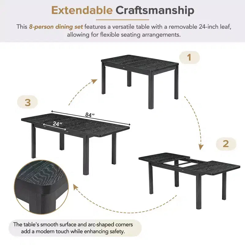 Ensemble de salle à manger extensible 9 pièces pour 6 personnes, table de salle à manger rectangulaire avec rallonge amovible, 6 chaises sans accoudoirs et 2 fauteuils