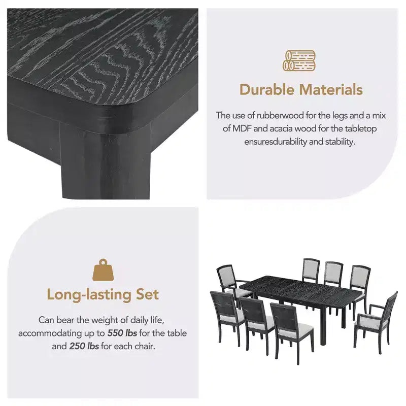 Ensemble de salle à manger extensible 9 pièces pour 6 personnes, table de salle à manger rectangulaire avec rallonge amovible, 6 chaises sans accoudoirs et 2 fauteuils