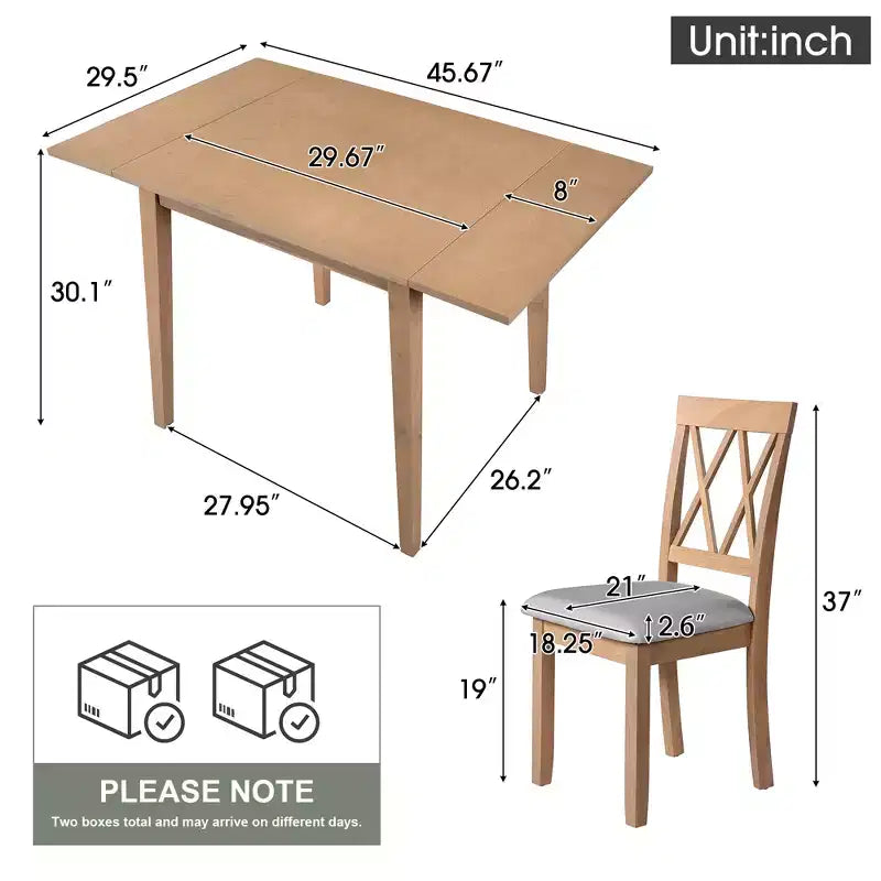 Ensemble de salle à manger extensible 3 pièces avec 2 chaises rembourrées, table à manger en bois avec abattants pour petit espace