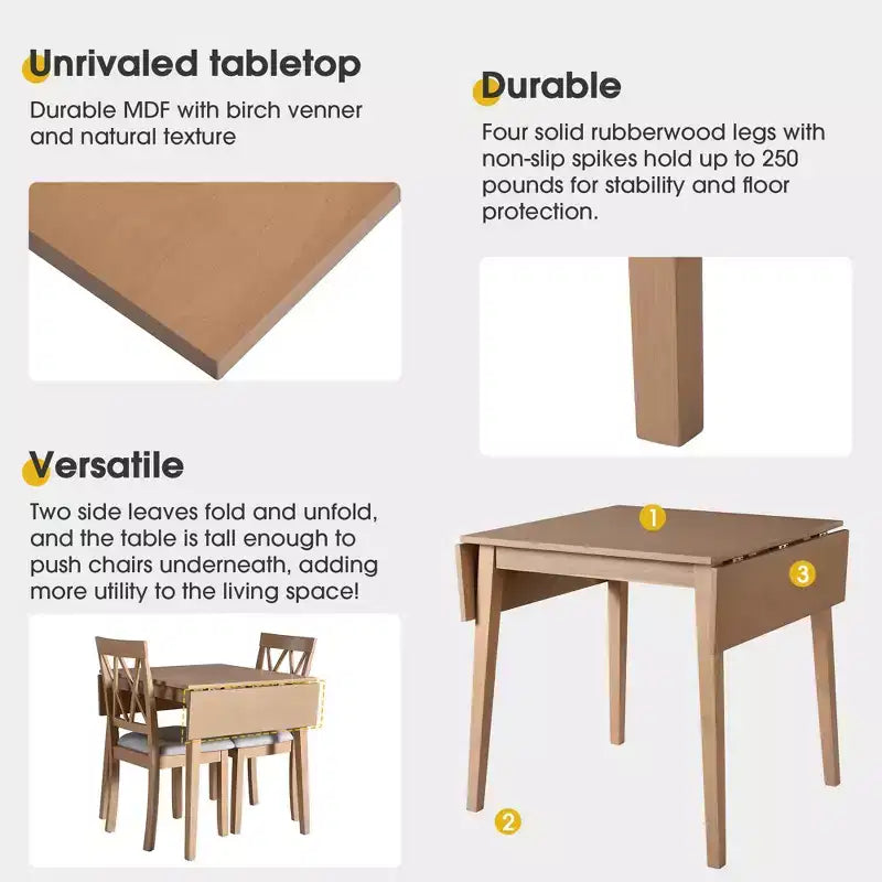 Ensemble de salle à manger extensible 3 pièces avec 2 chaises rembourrées, table à manger en bois avec abattants pour petit espace