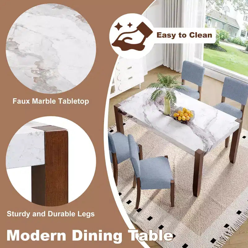 Ensemble de salle à manger en faux marbre pour 4 personnes, table à manger rectangulaire 5 pièces avec 4 chaises rembourrées pour petite cuisine