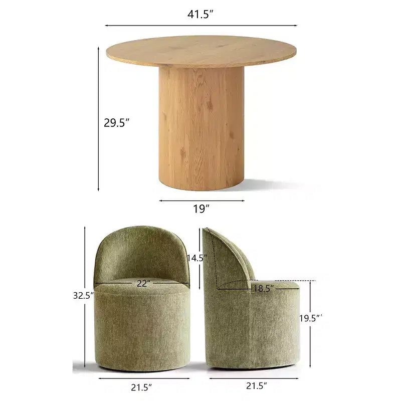 Ensemble table à manger pour 4, chaises barillet modernes avec roulettes et revêtement en chenille, table ronde à pied central pour petits espaces-repas-Panipeachy