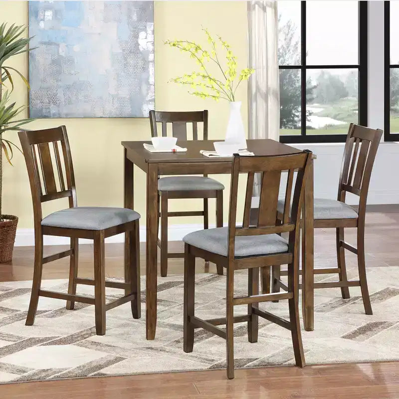 GDFStudio Nolwenn Traditional 5 Piece Acacia Wood Rubberwood Dining Table Set with 4 Linen Upholstered Chairs