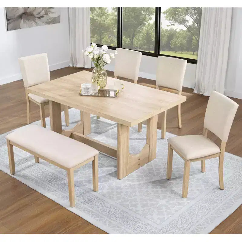 Ensemble de salle à manger moderne 6 pièces GDFStudio Kiley avec table en bois, banc et quatre chaises rembourrées