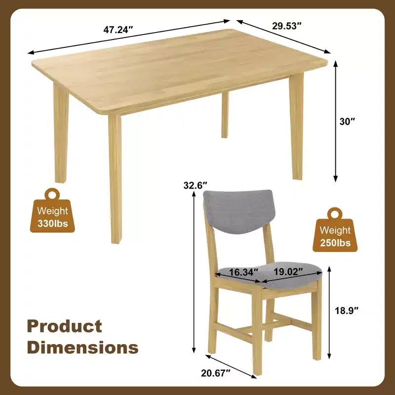 Ensemble de salle à manger en bois rustique pour 4 personnes, table rectangulaire 5 pièces avec chaises rembourrées pour petite cuisine