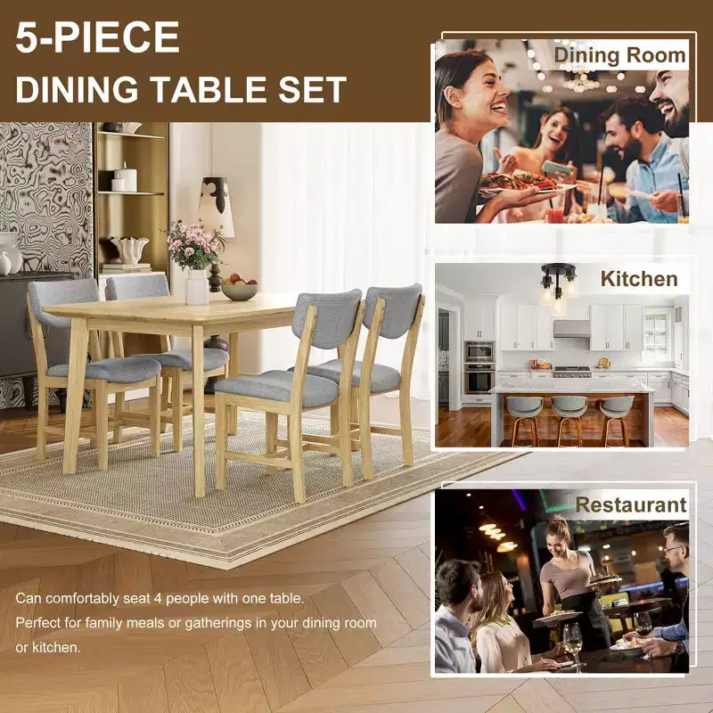 Ensemble de salle à manger en bois rustique pour 4 personnes, table rectangulaire 5 pièces avec chaises rembourrées pour petite cuisine