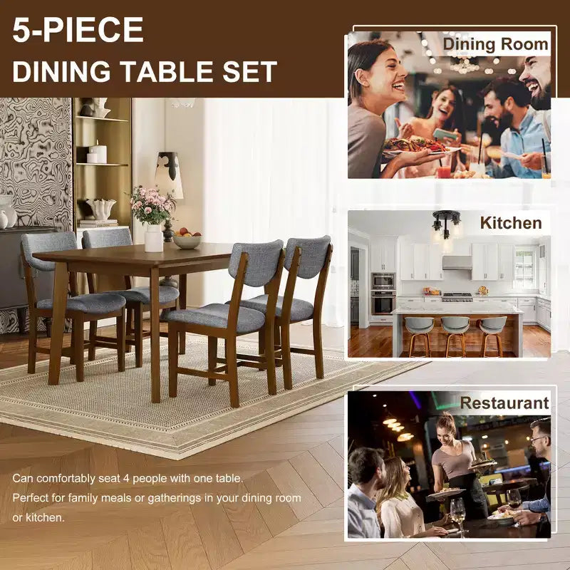Ensemble de salle à manger en bois rustique pour 4 personnes, table rectangulaire 5 pièces avec chaises rembourrées pour petite cuisine