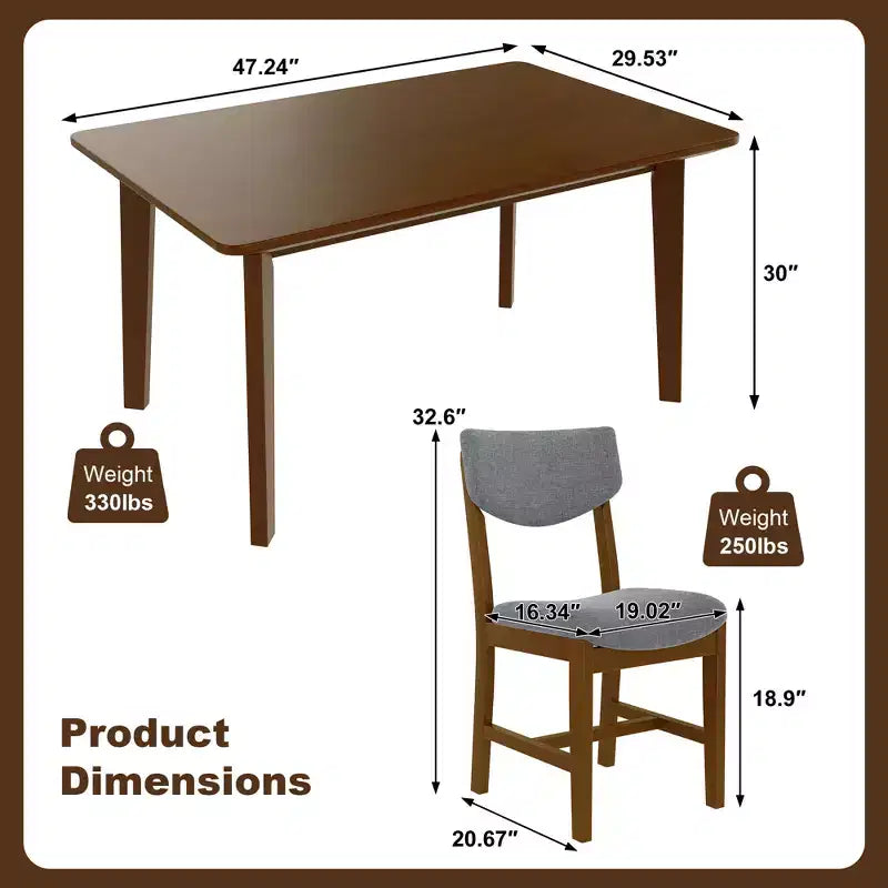 Ensemble de salle à manger en bois rustique pour 4 personnes, table rectangulaire 5 pièces avec chaises rembourrées pour petite cuisine