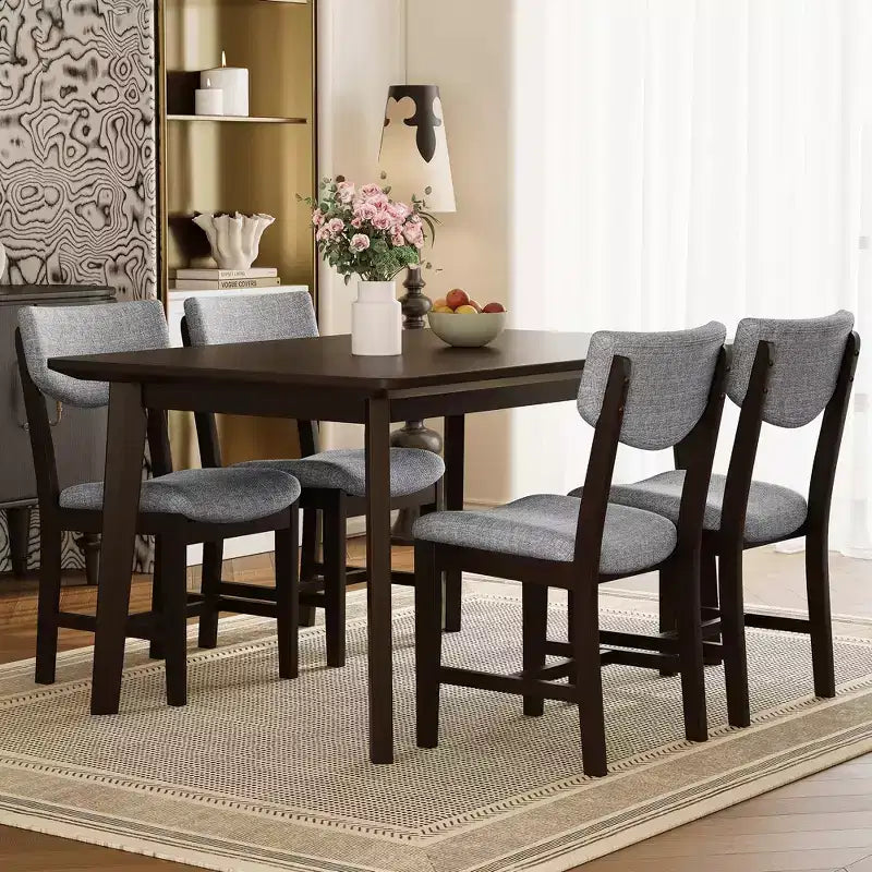 Ensemble de salle à manger en bois rustique pour 4 personnes, table rectangulaire 5 pièces avec chaises rembourrées pour petite cuisine