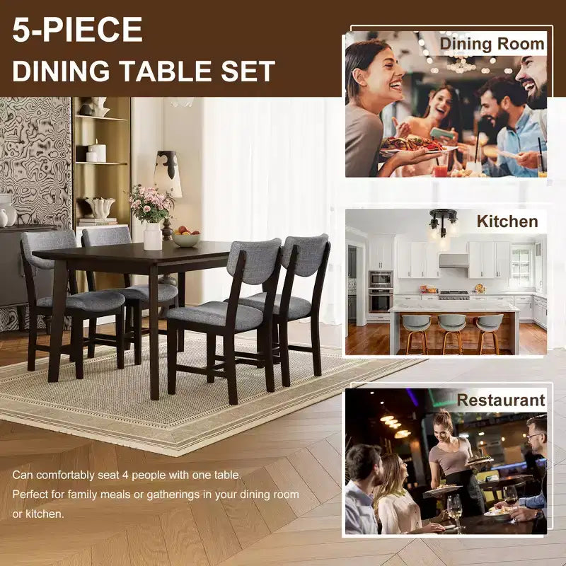 Ensemble de salle à manger en bois rustique pour 4 personnes, table rectangulaire 5 pièces avec chaises rembourrées pour petite cuisine