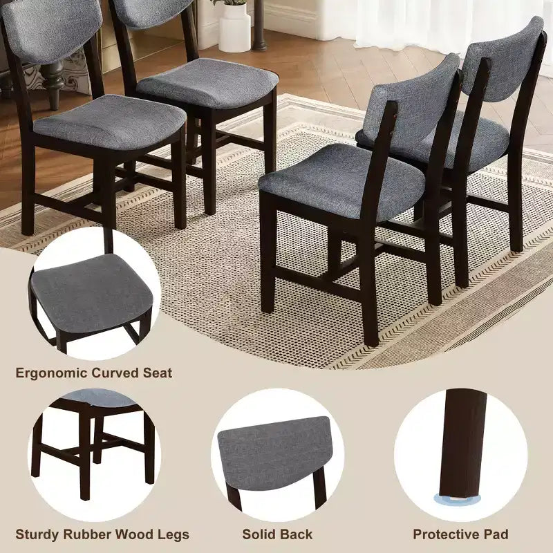 Ensemble de salle à manger en bois rustique pour 4 personnes, table rectangulaire 5 pièces avec chaises rembourrées pour petite cuisine